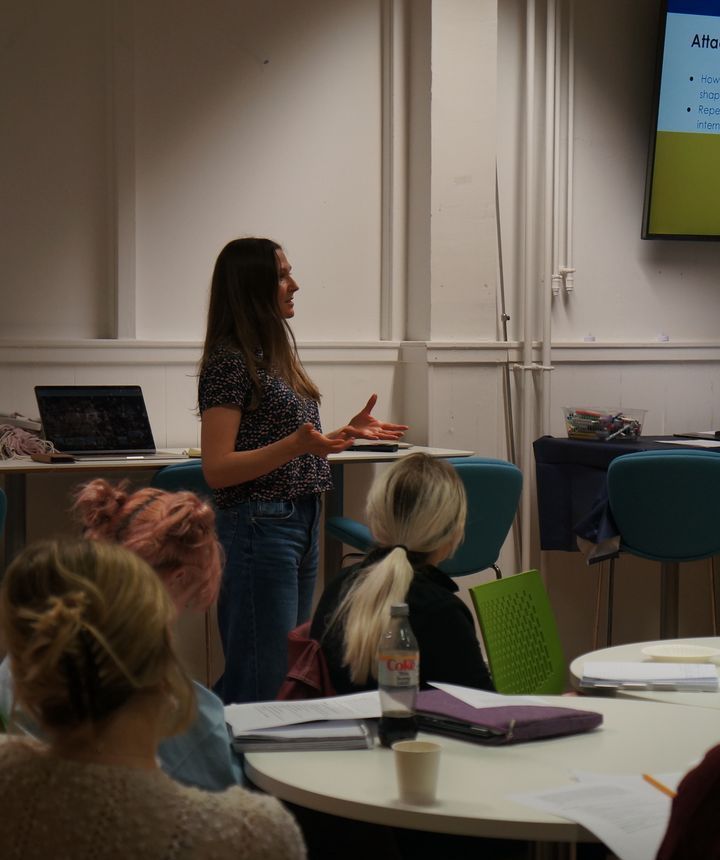Hana Butorova standing in front of mentors delivering training.